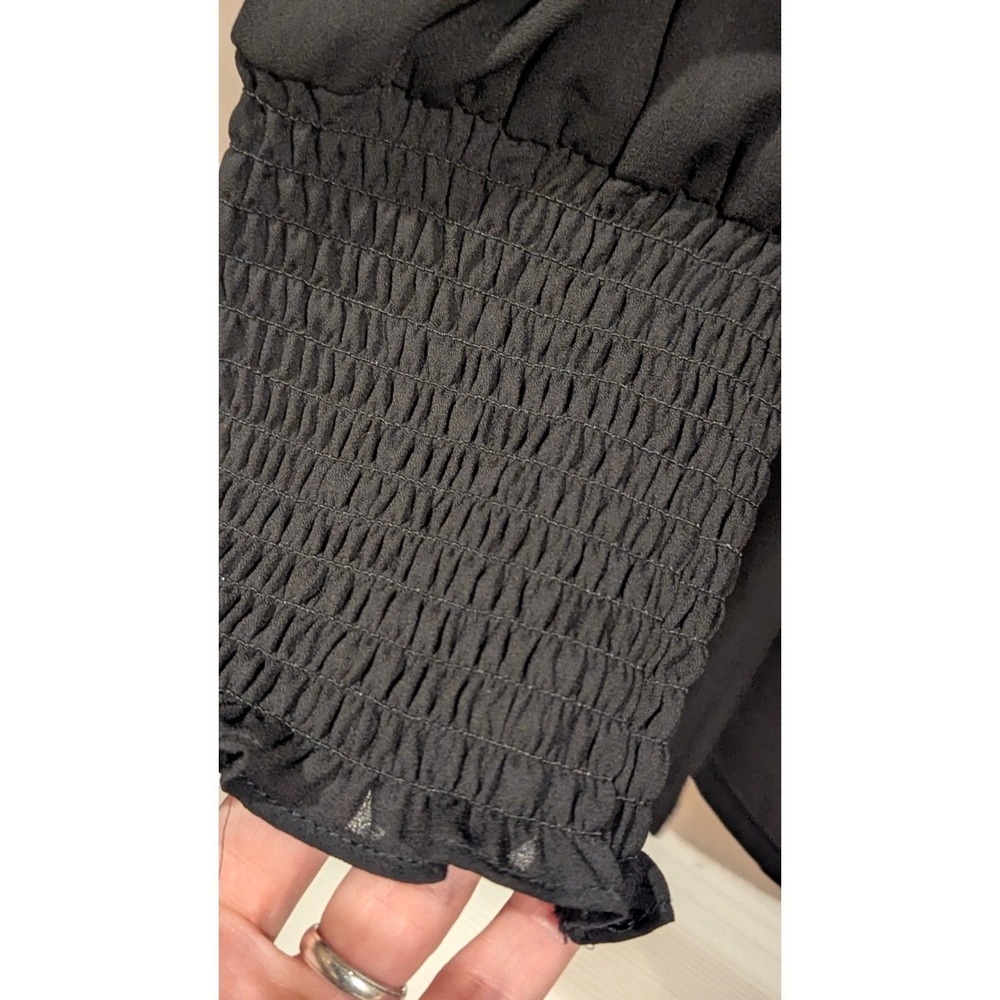 Aqua V-Neck Blouse Small Black Smocked Cuff Ruffle Button Front Office Chic - Picture 7 of 7